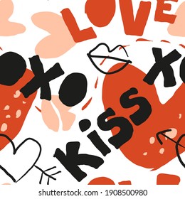 Seamless pattern with hand painted hearts, kisses and words; love, kiss, xoxo. Modern vector doodle background.