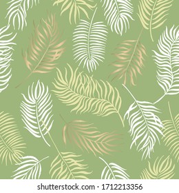 Seamless pattern with hand painted ink palm leaves on green. Great for decor, patterns, greeting cards. Artwork for your design.