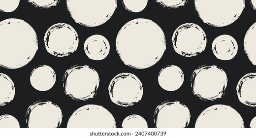 Seamless pattern with hand painted ink circles. Graphic design element for poster, stationary, fabric, scrapbook, baby shower card, wedding invitation. Grunge brush stroke texture. Vector illustration