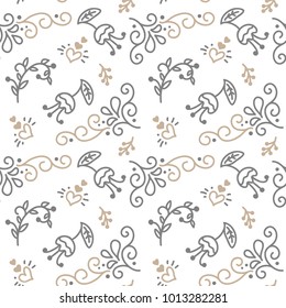 Seamless pattern with hand painted leaves in Scandinavian style on a white background. Vector illustration Valentines Day, wedding, birthday greeting card.