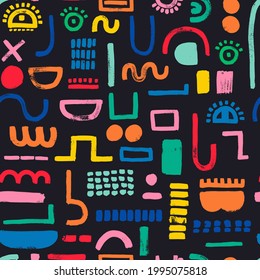 Seamless pattern with hand painted lines, geometric shapes, eyes, faces. Abstract endless background, creative fabric print, wallpaper.