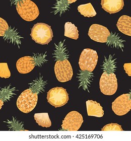 Seamless pattern with hand painted pineapples on black background. Great for agriculture, restaurant, cafe, grocery, food ads, texture design.