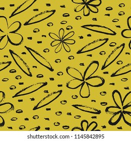 Seamless pattern with hand painted simple black flowers on a yellow background. Vector illustration.