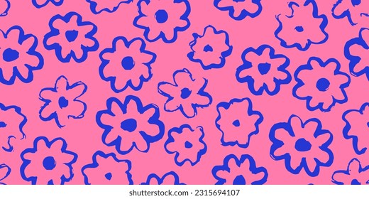 Seamless pattern with hand painted simple flowers. Pink and indigo, bright colors. Abstarct ink endless cute print for fabric, clothes, dress, wallpaper.