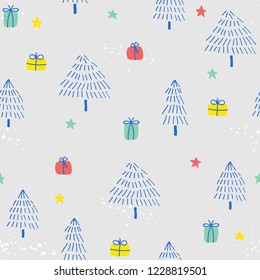 Seamless pattern with hand painted trees, gifts and snow on a gray background. Vector illustration.
