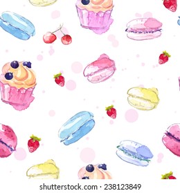 Seamless pattern with hand painted watercolor cupcake, macaroons and strawberry. Vector background.