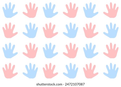 Seamless Pattern with Hand Palm Pink and Blue. Vector Baby Background for Gender Reveal Party.