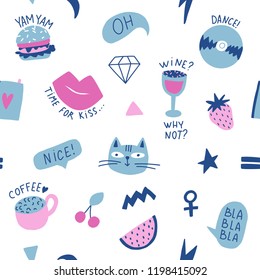 Seamless pattern with hand phrases and symbols for teenage girls. Hand drawing doodles. Vector seamless background for prints, t-shirts, cards, clothes and accessories.