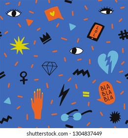 Seamless pattern with hand phrases and symbols for teenage girls. Hand drawing doodles. Vector seamless background for prints, t-shirts, cards, clothes and accessories.