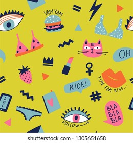 Seamless pattern with hand phrases and symbols for teenage girls. Hand drawing doodles. Vector seamless background for prints, t-shirts, cards, clothes and accessories.