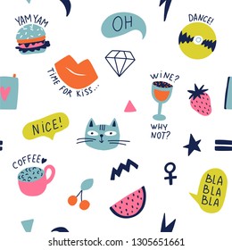 Seamless pattern with hand phrases and symbols for teenage girls. Hand drawing doodles. Vector seamless background for prints, t-shirts, cards, clothes and accessories.