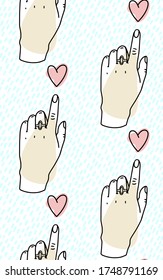 Seamless pattern. Hand pointing towards heart, forefinger on the heart. Vector illustration.