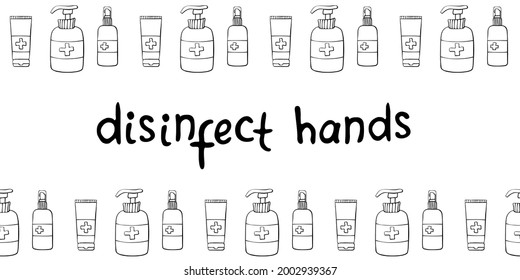 Seamless pattern with hand sanitizer. Personal hygiene products. Antiseptic dispensers disinfects, protects coronavirus bacteria. Vector outline background and texture in flat doodle style isolated