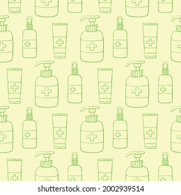Patrón sin soldadura con desinfectante de manos. Productos de higiene personal. Los dispensadores antisépticos desinfectan, protegen las bacterias del coronavirus. Fondo y textura del contorno vectorial en forma de doodle plano aislado