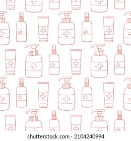 Seamless pattern with hand sanitizer. Personal hygiene products. Antiseptic dispensers disinfects, protects coronavirus bacteria. Vector outline background and texture in flat doodle style isolated