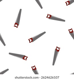 Seamless pattern of hand saws with red handles creating a repetitive design on a white background