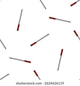 Seamless pattern of hand saws with red handles for woodworking and carpentry, creating a repetitive design on a clean white backdrop