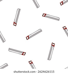 Seamless pattern of hand saws for woodworking and carpentry, featuring red handles, arranged on a white background