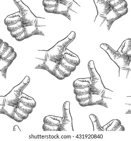 Seamless Pattern hand showing symbol Like. Making thumb up gesture. Drawn design element. Vector black vintage engraved illustration isolated on a white background. Sign for web, poster, info graphic