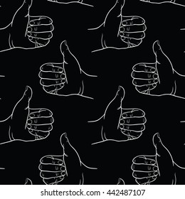 Seamless pattern hand showing symbol like. Making thumb up gesture. Drawn design element. Vector black and white illustration. Illustration for web, poster, info graphic