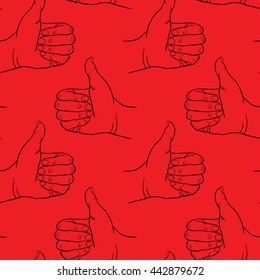 Seamless pattern hand showing symbol like. Making thumb up gesture. Drawn design element. Vector red and black illustration. Illustration for web, poster, print