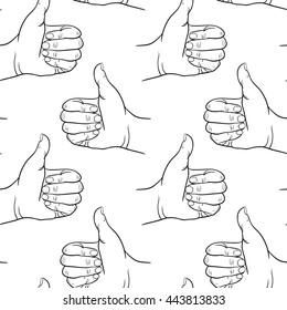 Seamless pattern hand showing symbol like. Making thumb up gesture. Drawn design element. Vector black and white illustration. Illustration for web, poster, print