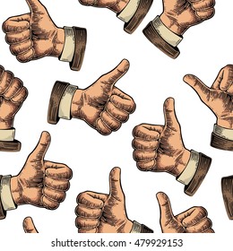 Seamless Pattern hand showing symbol Like. Making thumb up gesture. Vector color vintage engraved illustration isolated on a white background. Sign for web, poster, info graphic