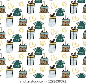 Seamless pattern with hand sketched baby elements - baby dress, cake with one candle, box with bow, doodle heart and flower. Hand sketched vector illustration.