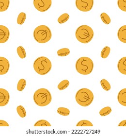 Seamless pattern with hand sketched Coins on white background. Financial backdrop.