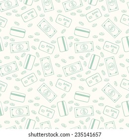 Seamless pattern with hand sketched coins, dollar bills and credit cards. Tiling financial backdrop.