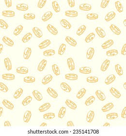 Seamless pattern with hand sketched coins on white background. Tiling financial backdrop.