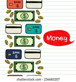 Seamless pattern with hand sketched coins, dollar bills and credit cards on lined background. Tiling financial backdrop.