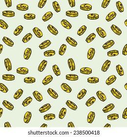 Seamless pattern with hand sketched coins on light background. Tiling financial backdrop.