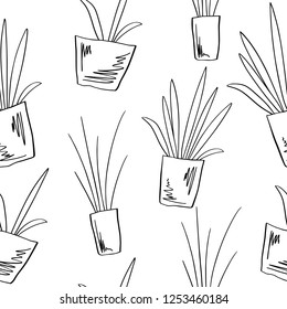 Seamless pattern with hand sketched of  house plants. Line drawing of potted plants on white backdround. Creative template for print, poster, fabric, greeting card, banner, book illustration. Vector.