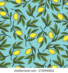 Seamless pattern with hand sketched lemon branches on textured blue background for product packaging, screensavers for site, blog or social media. Hand drawn illustration. 