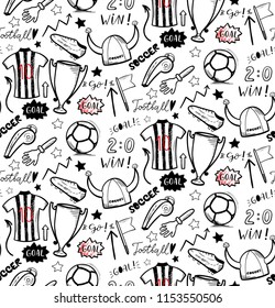 Seamless pattern with hand sketched outline football soccer objects. Ideal for design of fabric, wrapping paper.
