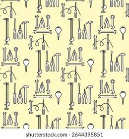Seamless pattern of hand tools including pliers, wrenches, and screwdrivers on light background vector