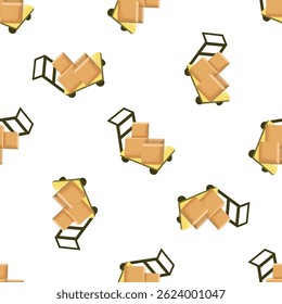 Seamless pattern of hand trucks carrying cardboard boxes, ideal for logistics, delivery, and moving concepts