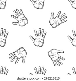 Seamless pattern with hand. Vector illustration. White isolated.