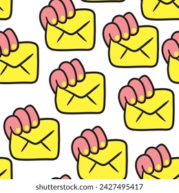 Nahtloses Muster mit Hand in Vector.Business-Symbol in Doodle. Vorlage für Hintergrund, Hintergrund, Banner, Tapete, Verpackung, Muster, nahtlos, Druck, Textil, Stoff