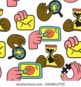 seamless pattern with hand in vector.business icon in doodle. Template for backdrop, background, banner, wallpaper, wrapping, pattern, seamless, print, textile, fabric