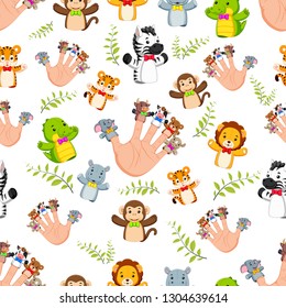 Seamless pattern with Hand wearing cute 5 finger puppets