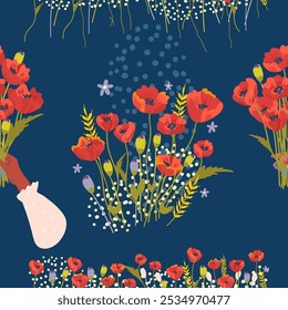 Mano de patrón sin fisuras con ramo de amapolas. Campo de amapola. Ilustración vectorial. Para impresiones, diseños de portadas o tarjetas, decoración de arte. Cartel artístico contemporáneo.