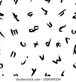 Seamless pattern of hand written alphabet. Lowercase Latin letters are made with black ink and a dry brush. Traced lettering. Grunge style lettering with torn edges. Rounded simple letters. Vector