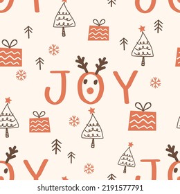 Seamless pattern with hand written font, reindeer cartoons, gift box, pine tree and snowflakes on pastel background vector illustration. Christmas and New year wrapping paper.