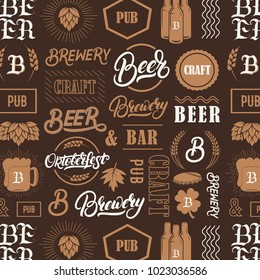 Seamless pattern with hand written lettering words beer, brewery, oktoberfest and silhouettes of beer mug, bottle, hop, wheat ear. Vintage pattern for placemat, bar menu, prints, coaster. Vector.