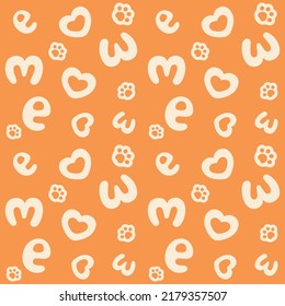 Seamless pattern with hand written letters, hearts and paw prints. Vector cute background surface design for textile, stationery, wrapping paper, covers.