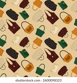 Seamless pattern handbag. Stylish women's clutches and bags. Flat design