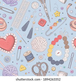Seamless pattern with handcraft elements. Sewing, knitting, embroidery. Vector illustration