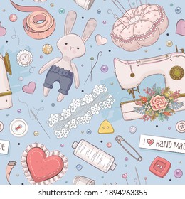 Seamless pattern with handcraft elements. Sewing, knitting, embroidery. Vector illustration